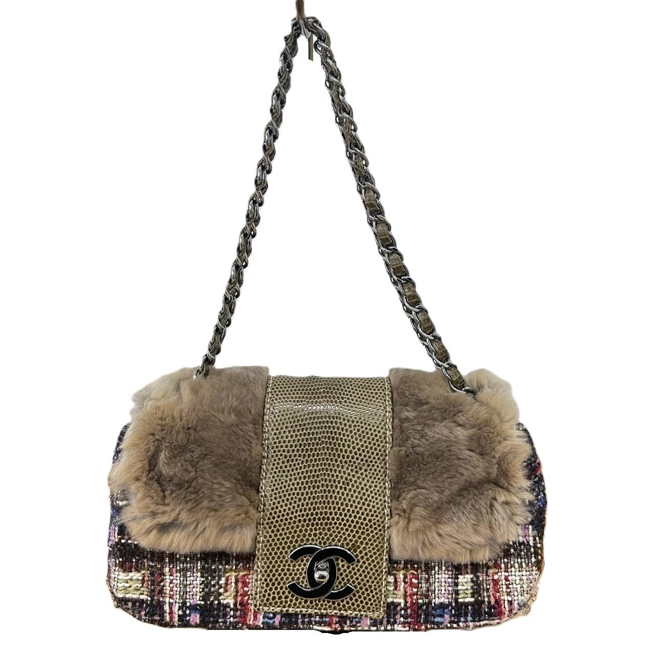 CHANEL ファーツイードチェーンバッグ リザード マルチカラー