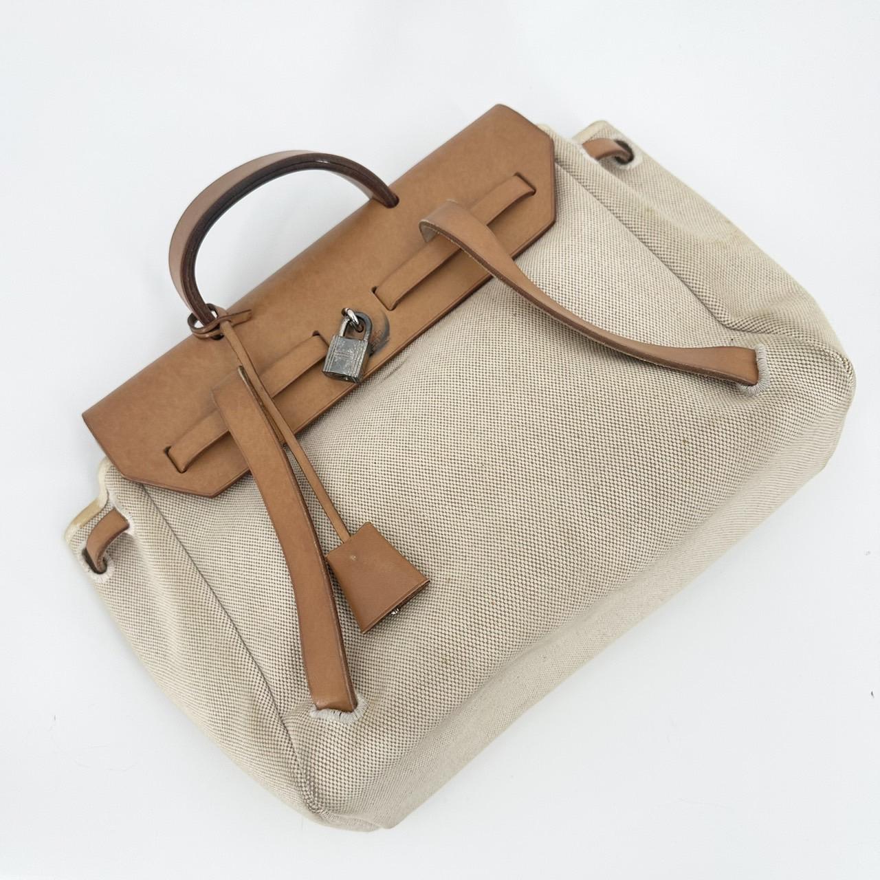 HERMES　エールバッグMM　トワル/レザー　ベージュ　□G刻印